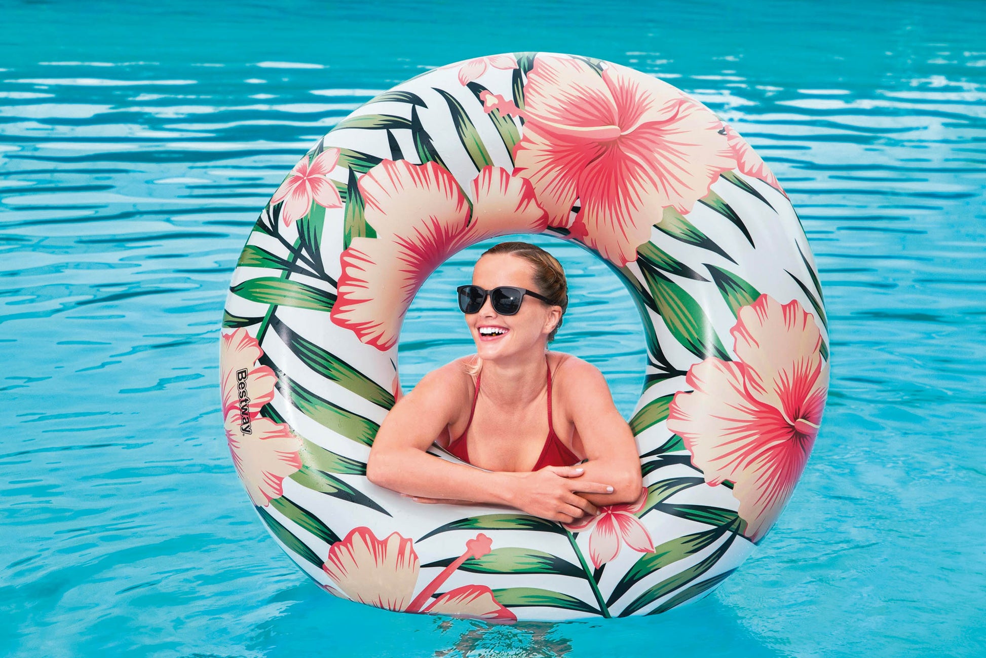 Tropical Palms Swim Ring Coral Pink-1
