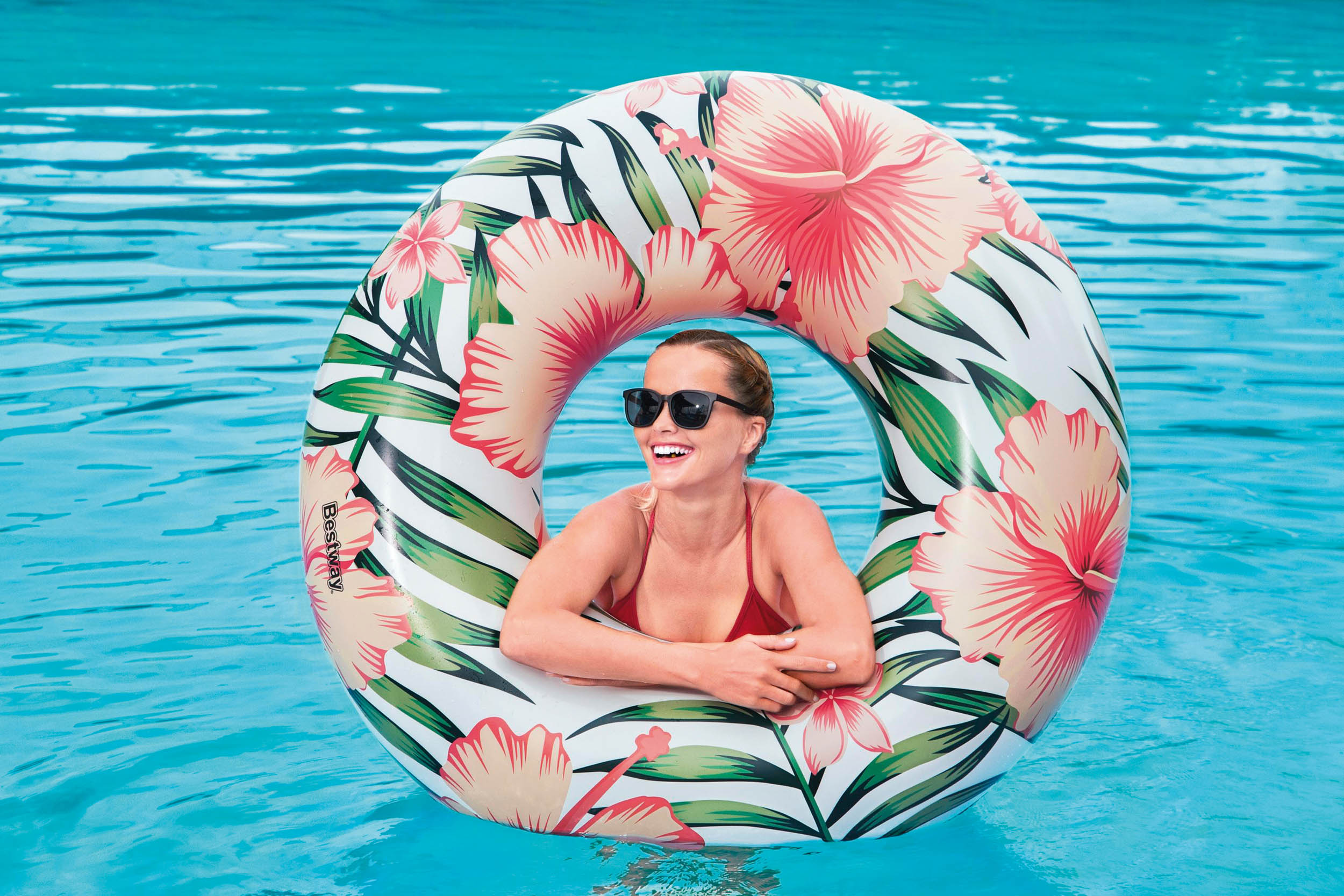 Tropical Palms Swim Ring Coral Pink
