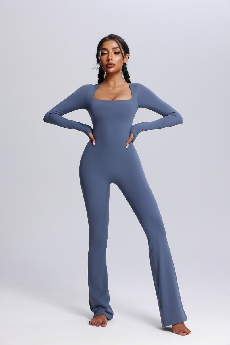Square Neck Flared Yoga Jumpsuit-5