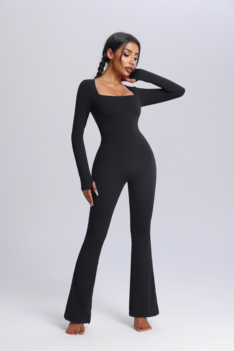 Square Neck Flared Yoga Jumpsuit-zoom-
